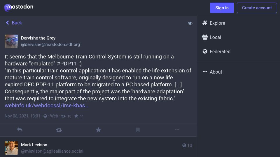 Screenshot of mastodon.sdf.org: Melbourne Train Control System is running on a hardware emulated PDP11