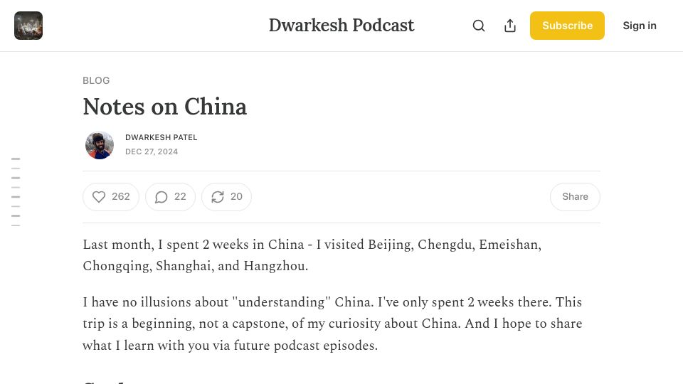 Screenshot of dwarkeshpatel.com: Notes on China
