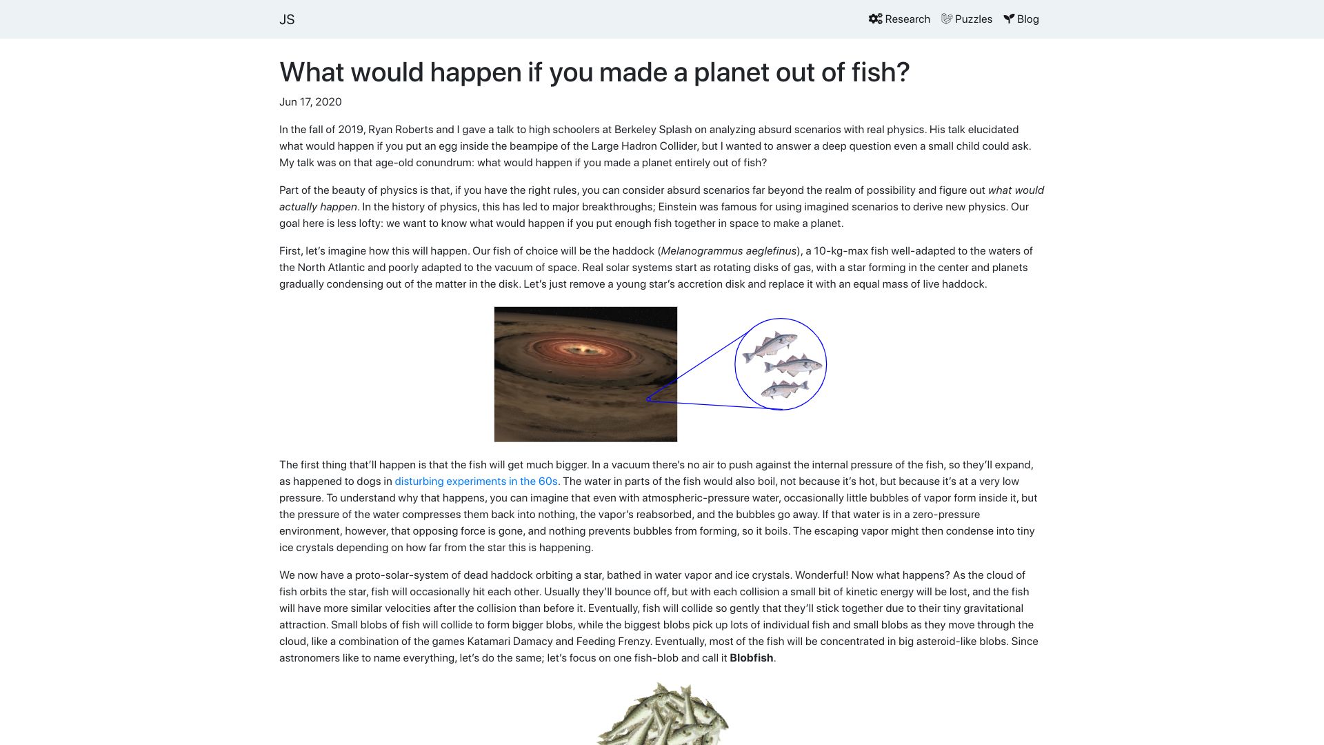 Screenshot of james-simon.github.io: What would happen if you made a planet out of fish?