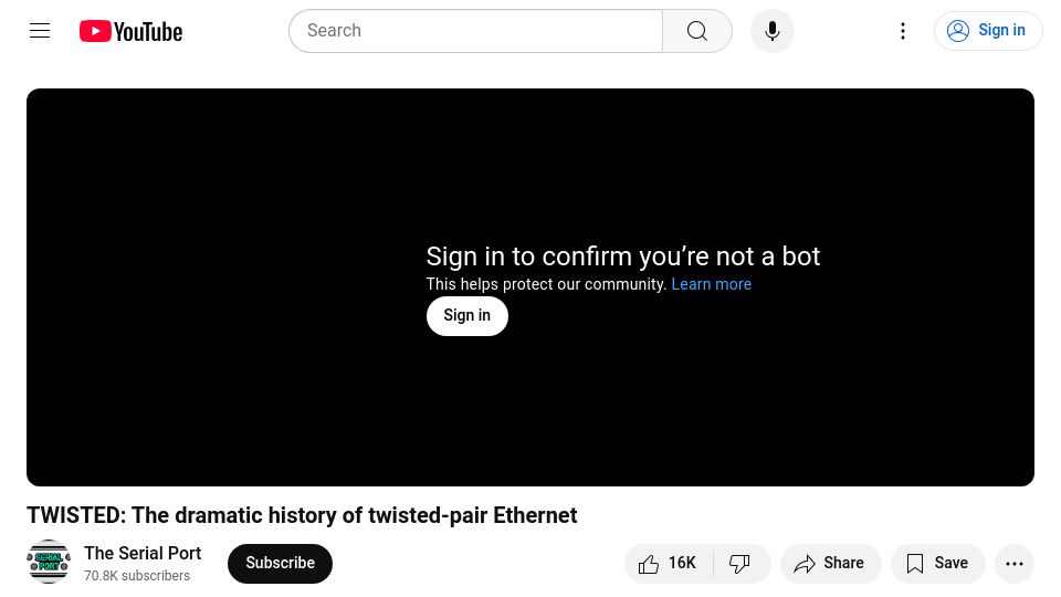 Screenshot of youtube.com: The history of twisted-pair Ethernet [video]