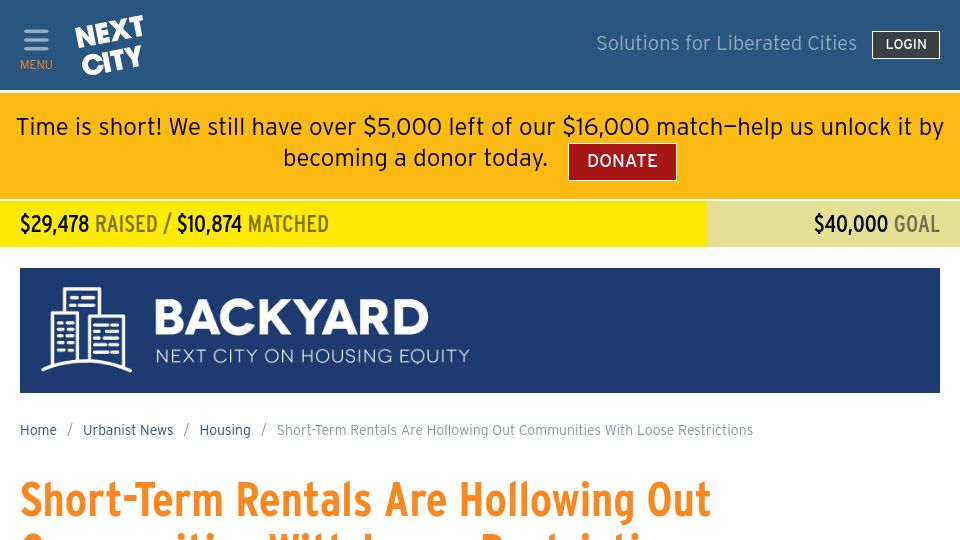 Screenshot of nextcity.org: Short-Term Rentals Are Hollowing Out Communities with Loose Restrictions