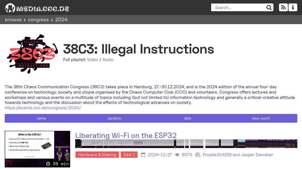Screenshot of media.ccc.de: 38C3: Illegal Instructions