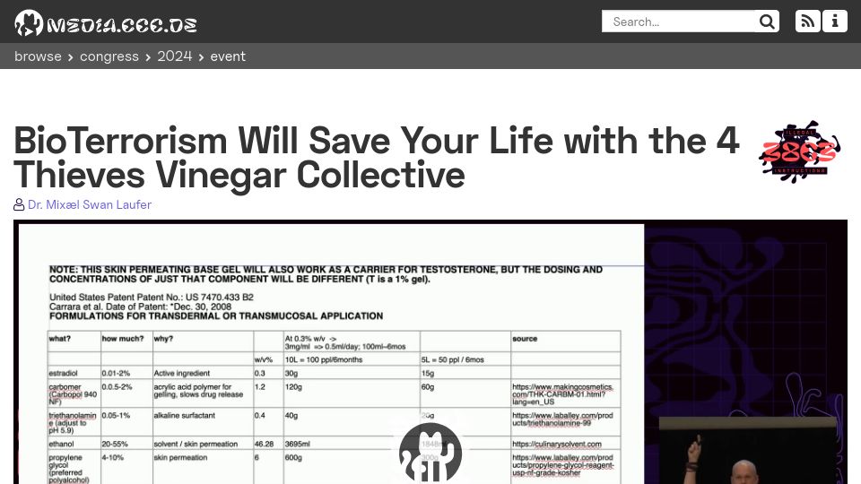 Screenshot of media.ccc.de: BioTerrorism Will Save Your Life with the 4 Thieves Vinegar Collective [video]