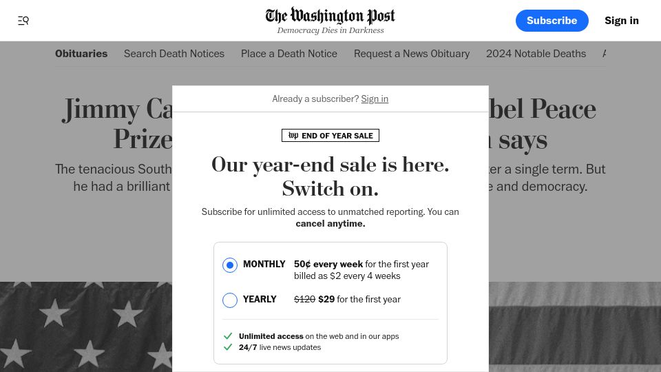 Screenshot of washingtonpost.com: Jimmy Carter has died