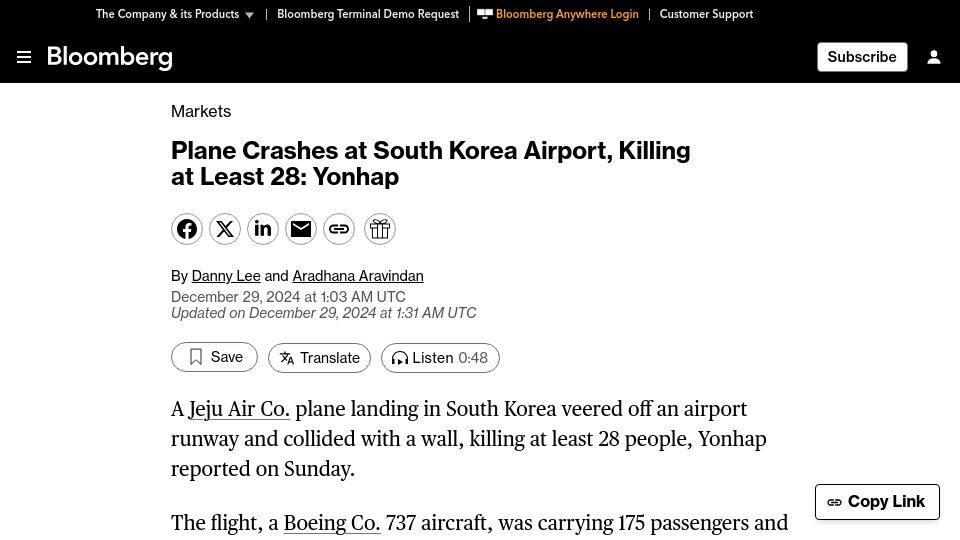 Screenshot of bloomberg.com: Jeju Air Jet Crashes in South Korea With Over 170 Dead or Missing