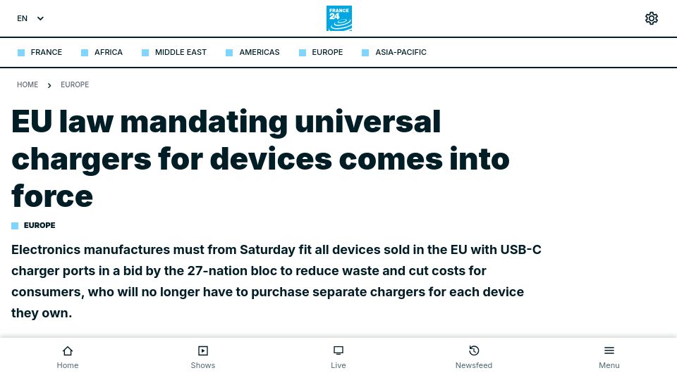 Screenshot of france24.com: EU law mandating universal chargers for devices comes into force