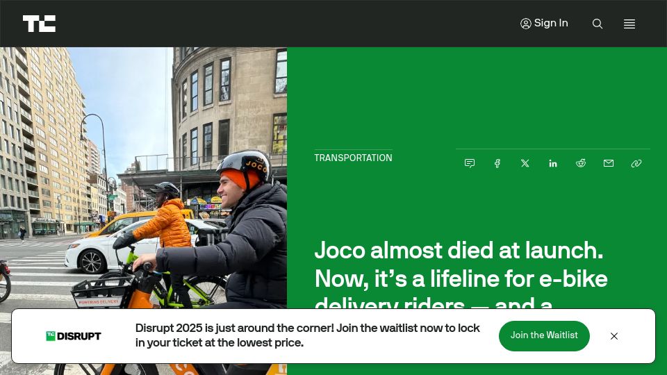 Screenshot of techcrunch.com: Joco almost died at launch. Now, it's a lifeline for e-bike delivery riders