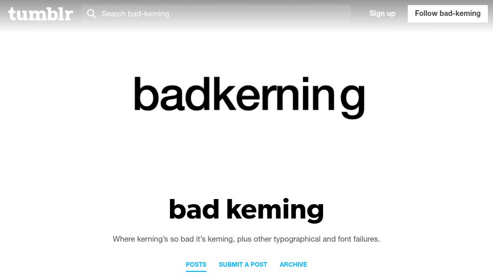 Screenshot of badkeming.com: Bad keming: Kerning failures, plus other typographical and font mishaps