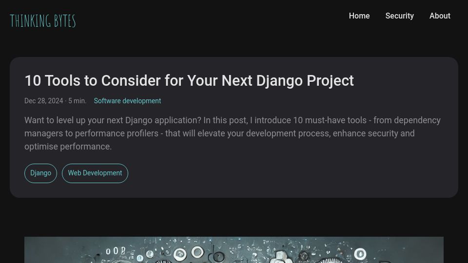 Screenshot of thinkingbytes.co.uk: Tools to Consider for Your Next Django Project