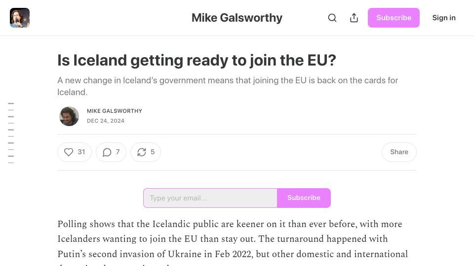 Screenshot of mikegalsworthy.substack.com: Is Iceland getting ready to join the EU?