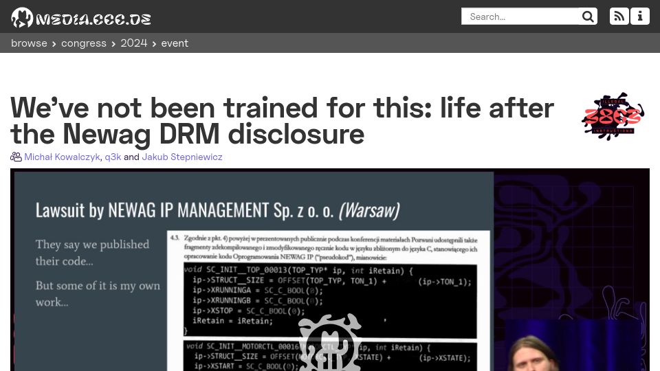 Screenshot of media.ccc.de: We've not been trained for this: life after the Newag DRM disclosure [video]