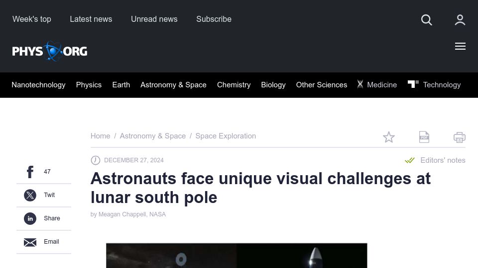 Screenshot of phys.org: Astronauts face unique visual challenges at lunar South Pole