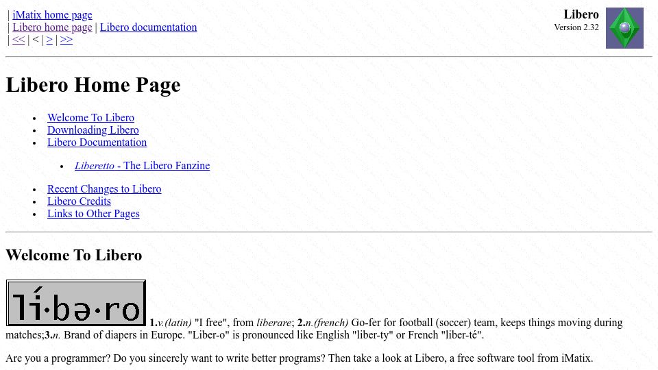 Screenshot of imatix-legacy.github.io: Libero – A Programmer's Tool and Code Generator (1997)