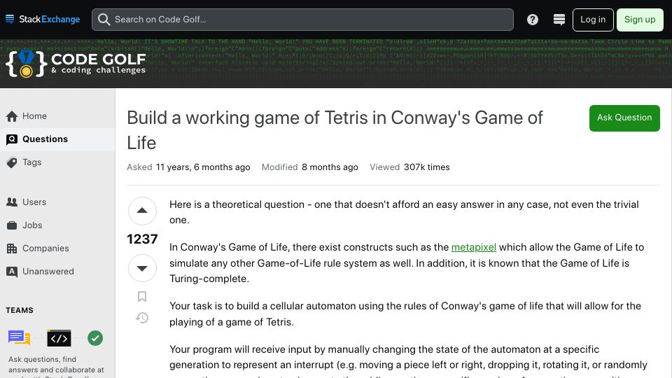 Screenshot of codegolf.stackexchange.com: Build a working game of Tetris in Conway's Game of Life (2014)