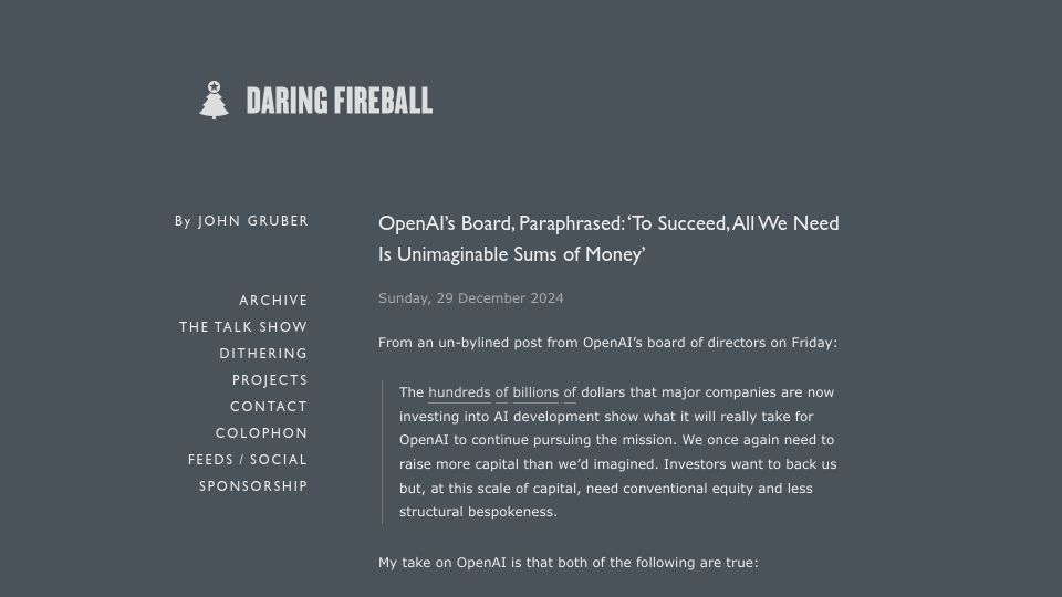 Screenshot of daringfireball.net: OpenAI’s board, paraphrased: ‘All we need is unimaginable sums of money’