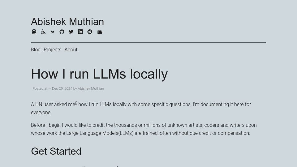 Screenshot of abishekmuthian.com: I Run LLMs Locally