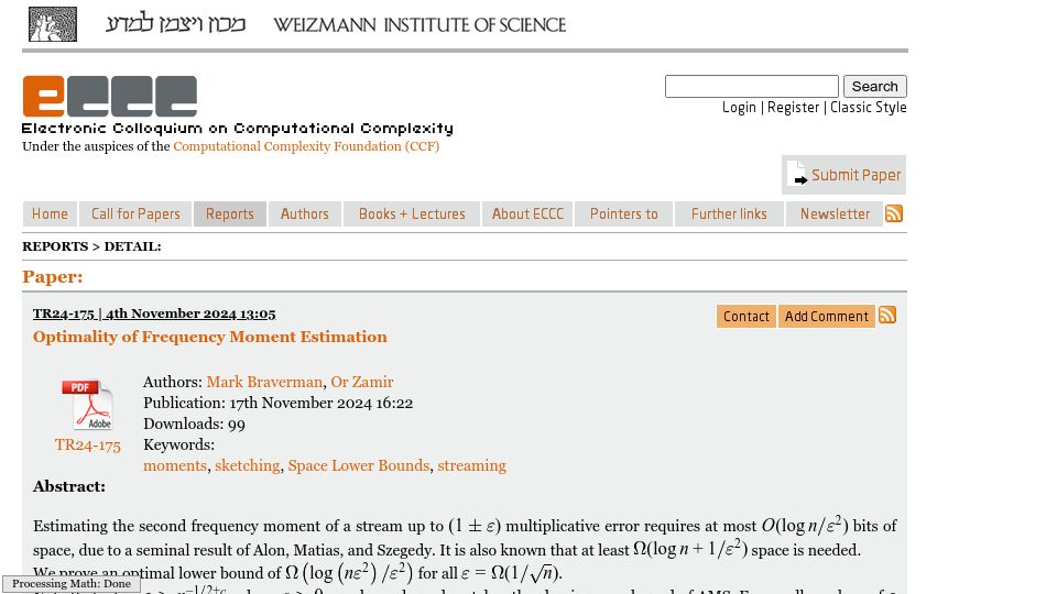 Screenshot of eccc.weizmann.ac.il: Optimality of Frequency Moment Estimation