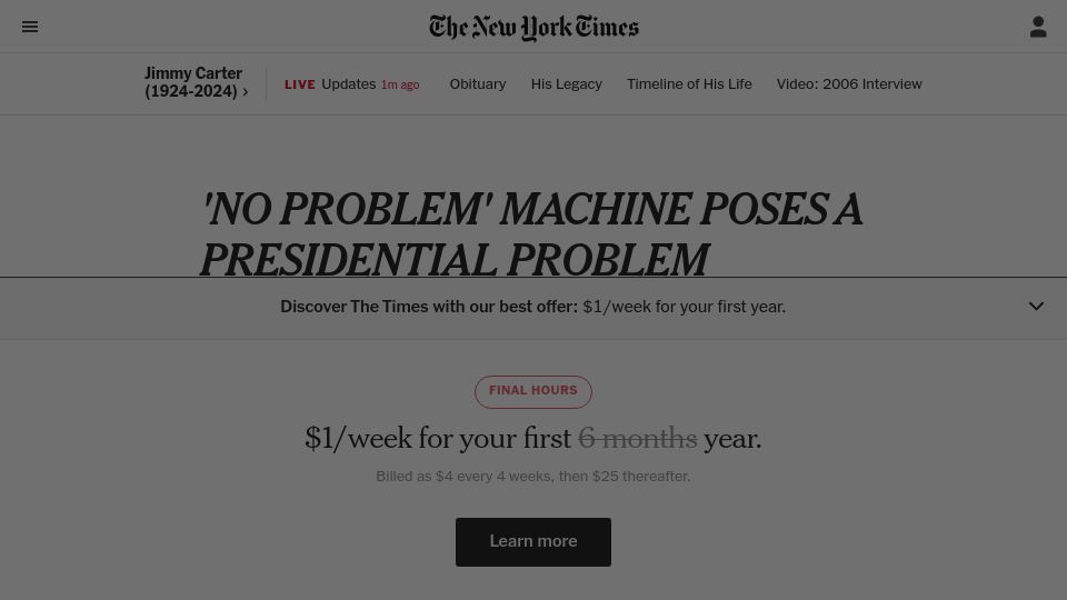 Screenshot of nytimes.com: 'No Problem' Word Processor Poses a Problem for Former President Carter (1981)