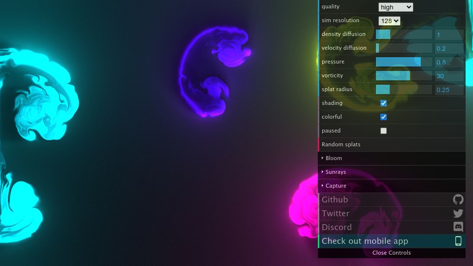 Screenshot of paveldogreat.github.io: WebGL Fluid Simulation