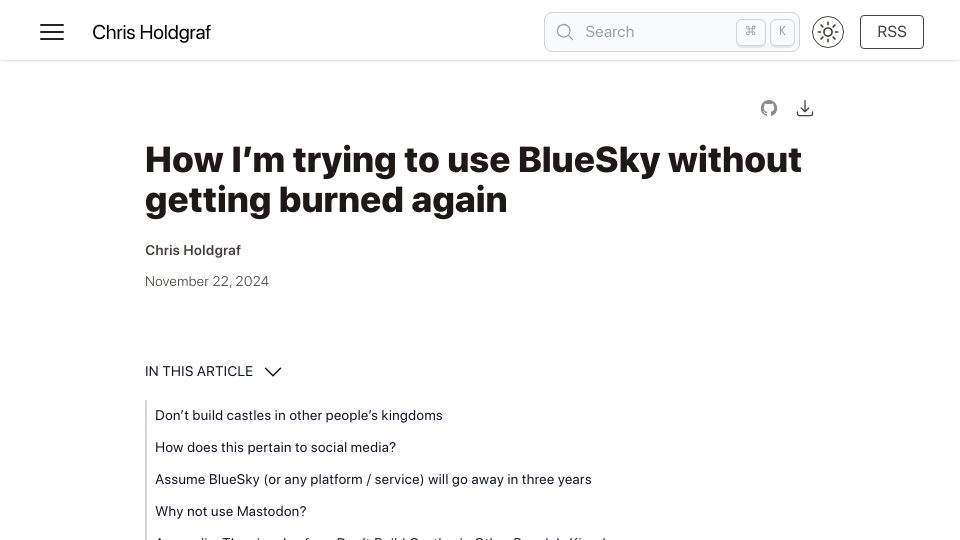 Screenshot of chrisholdgraf.com: Trying to use Bluesky without getting burned again