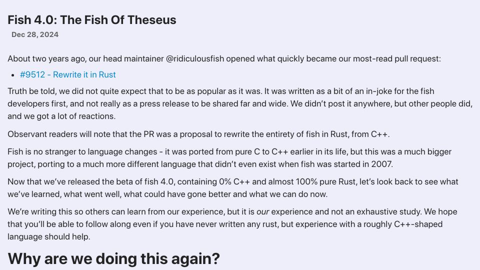 Screenshot of fishshell.com: Fish 4.0: The Fish of Theseus