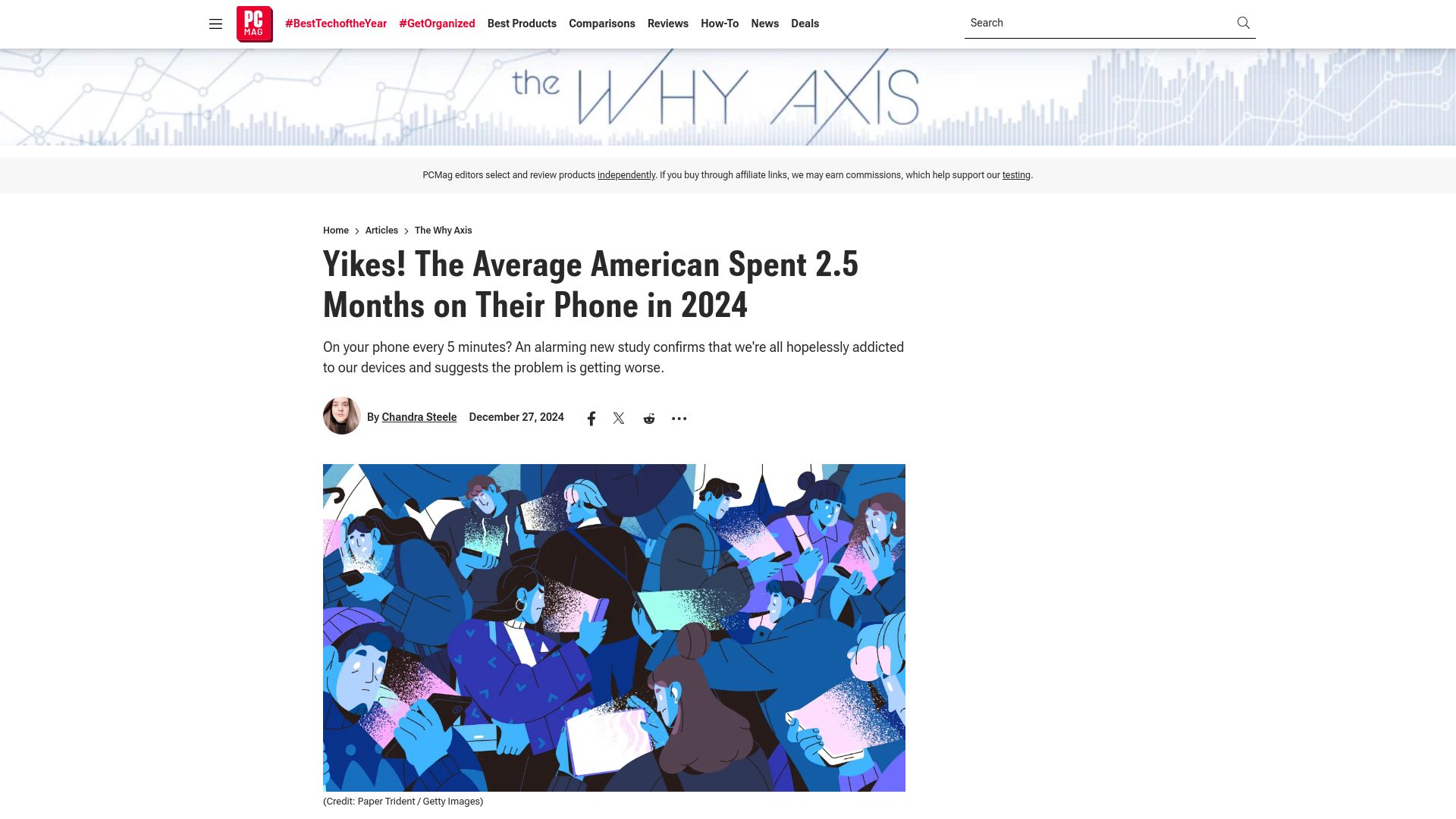 Screenshot of pcmag.com: The average American spent 2.5 months on their phone in 2024