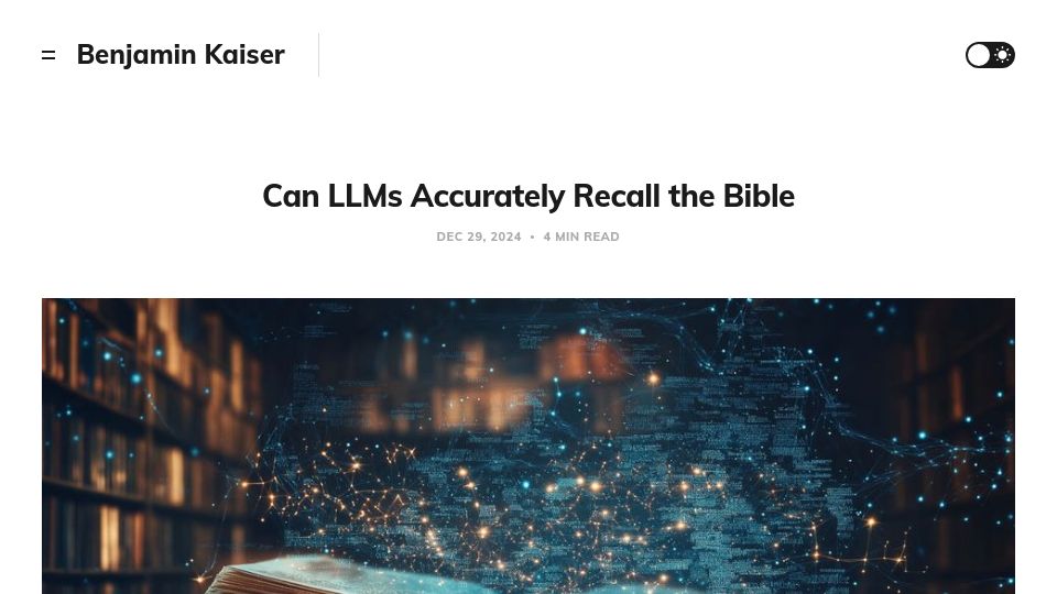 Screenshot of benkaiser.dev: Can LLMs accurately recall the Bible?