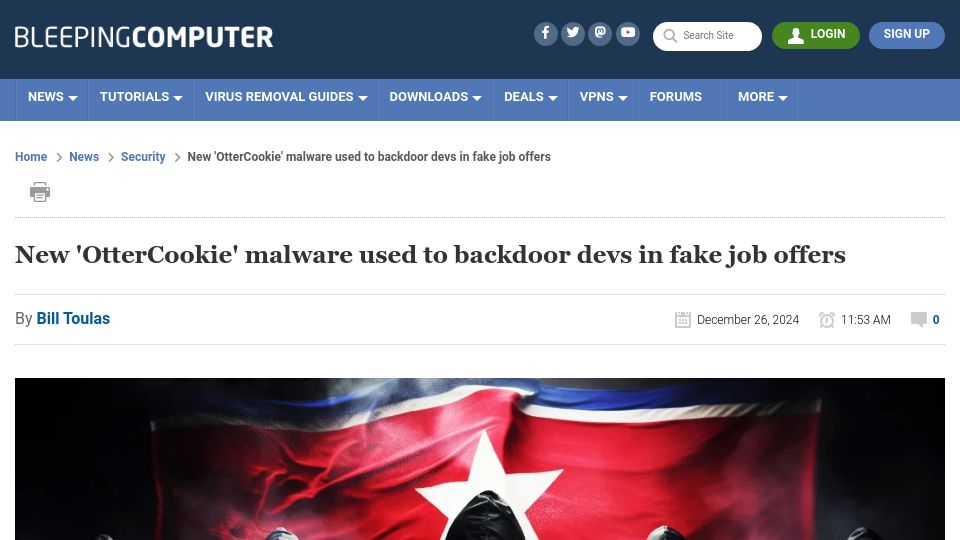 Screenshot of bleepingcomputer.com: New 'OtterCookie' malware used to backdoor devs in fake job offers