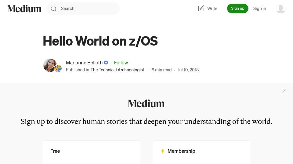 Screenshot of medium.com: Hello World on z/OS (2018)