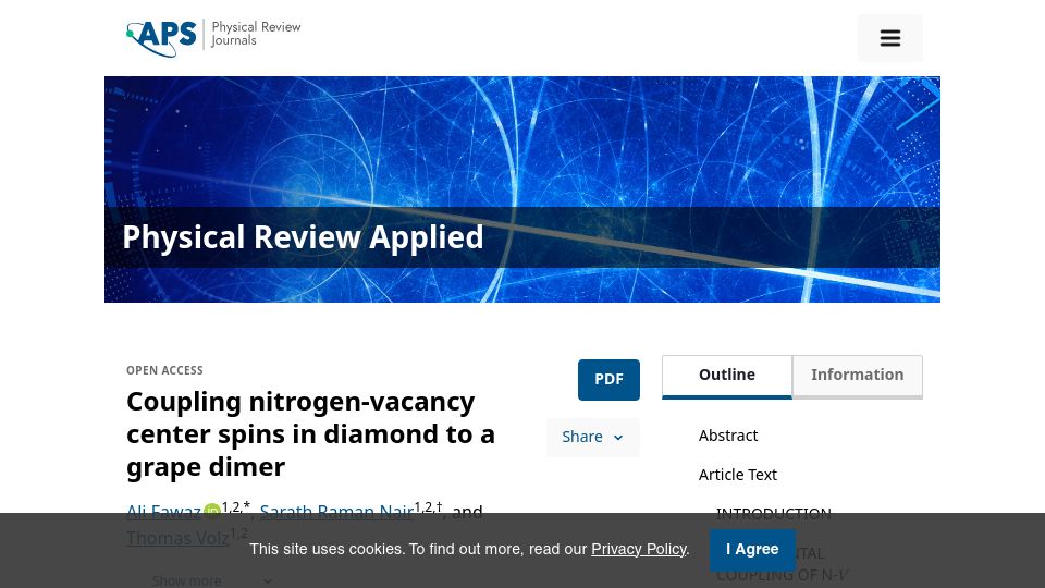 Screenshot of journals.aps.org: Coupling nitrogen-vacancy center spins in diamond to a grape dimer