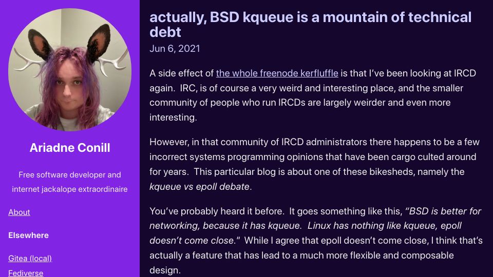 Screenshot of ariadne.space: BSD kqueue is a mountain of technical debt (2021)