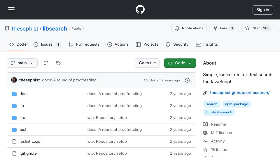 Screenshot of github.com: Libsearch: Simple index-free full-text search for JavaScript