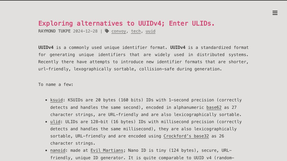Screenshot of jirevwe.github.io: Exploring Alternatives to UUIDv4; Enter ULIDs