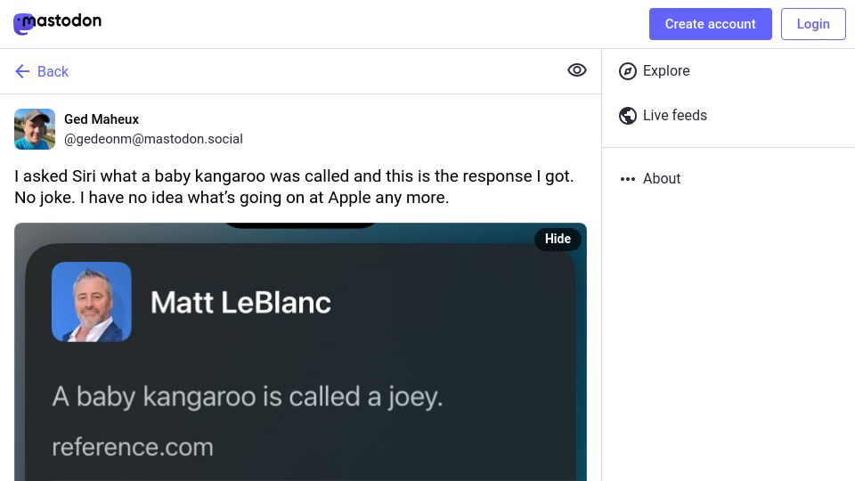 Screenshot of mastodon.social: Siri mixes up baby kangaroo with Friends sitcom actor