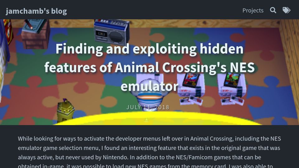 Screenshot of jamchamb.net: Finding and exploiting hidden features of Animal Crossing's NES emulator (2018)