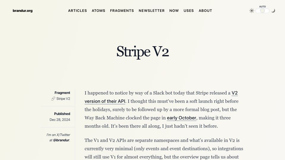 Screenshot of brandur.org: Stripe V2
