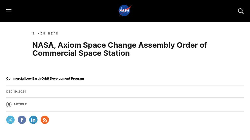 Screenshot of nasa.gov: NASA, Axiom Space Change Assembly Order of Commercial Space Station
