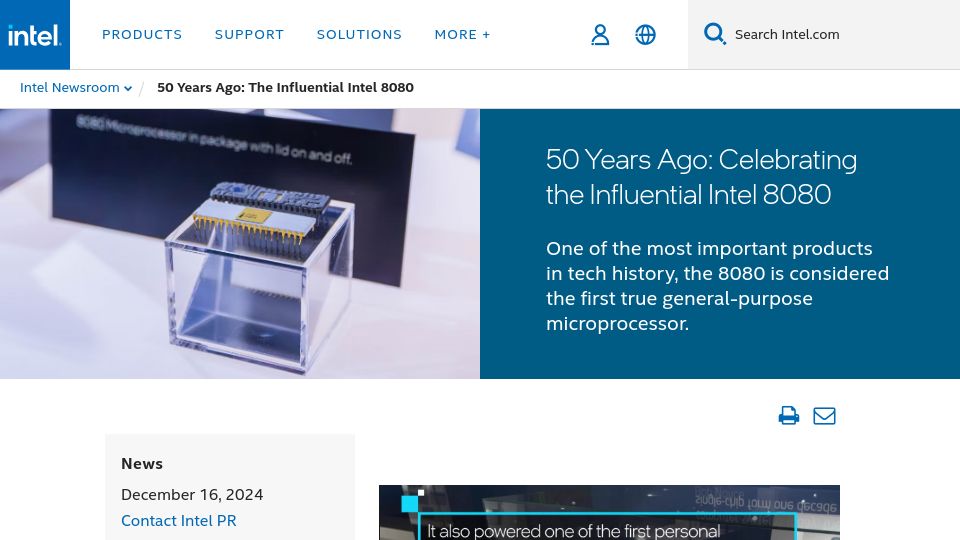 Screenshot of intel.com: 50 Years Ago: Celebrating the Influential Intel 8080