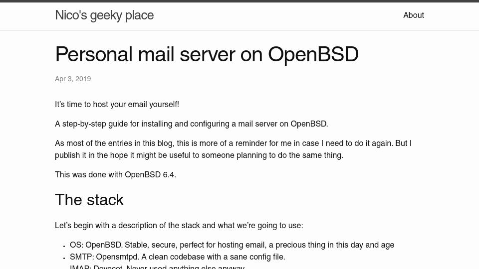 Screenshot of nicolascarpi.github.io: Personal Mail Server on OpenBSD (2019)
