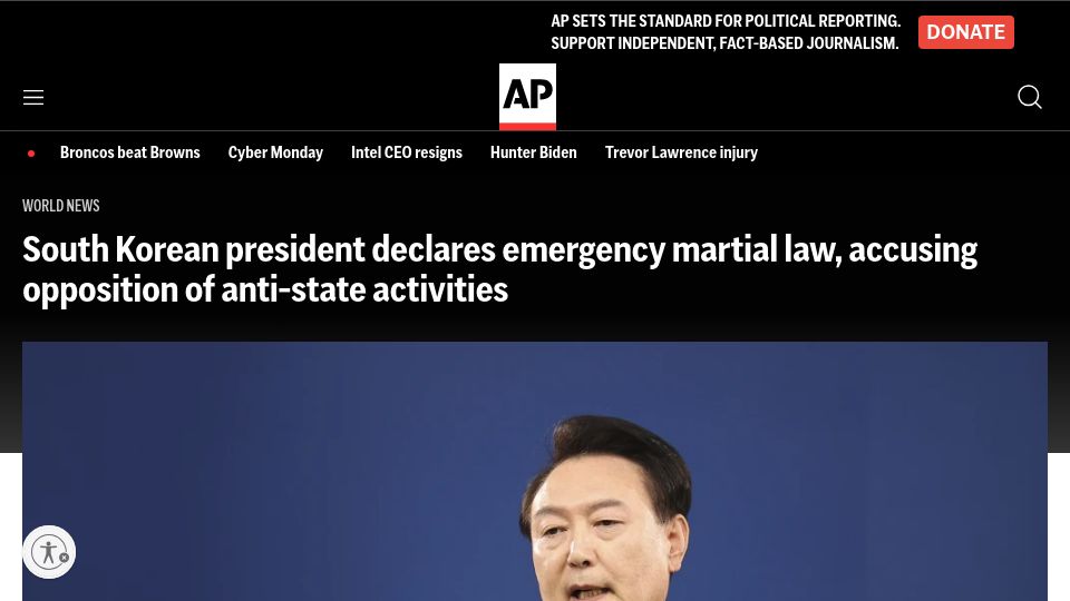 Screenshot of apnews.com: South Korean president declares martial law, parliament votes to lift it