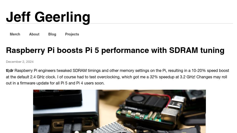 Screenshot of jeffgeerling.com: Raspberry Pi boosts Pi 5 performance with SDRAM tuning