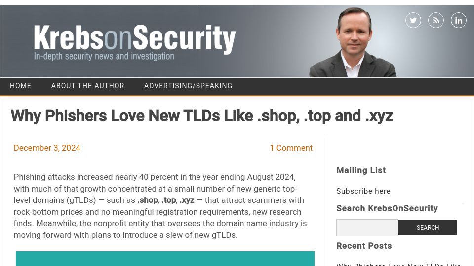 Screenshot of krebsonsecurity.com: Phishers Love New TLDs Like .shop, .top and .xyz