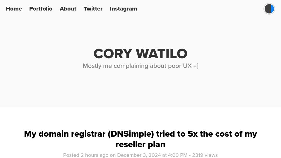 Screenshot of watilo.com: My domain registrar (DNSimple) tried to 5x the cost of my reseller plan
