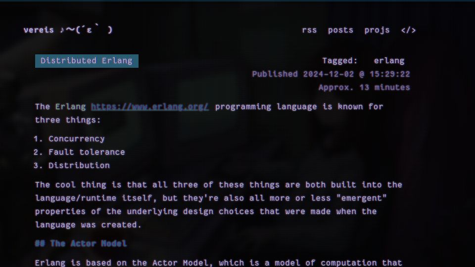 Screenshot of vereis.com: Distributed Erlang