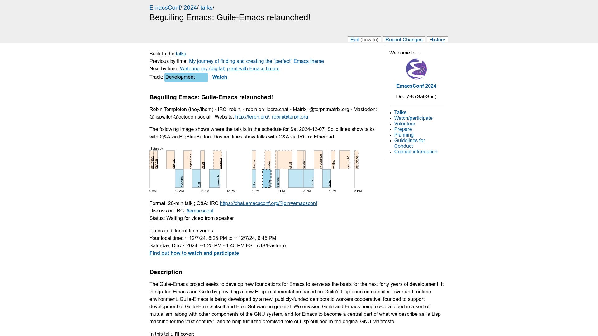 Screenshot of emacsconf.org: Guile-Emacs Relaunched