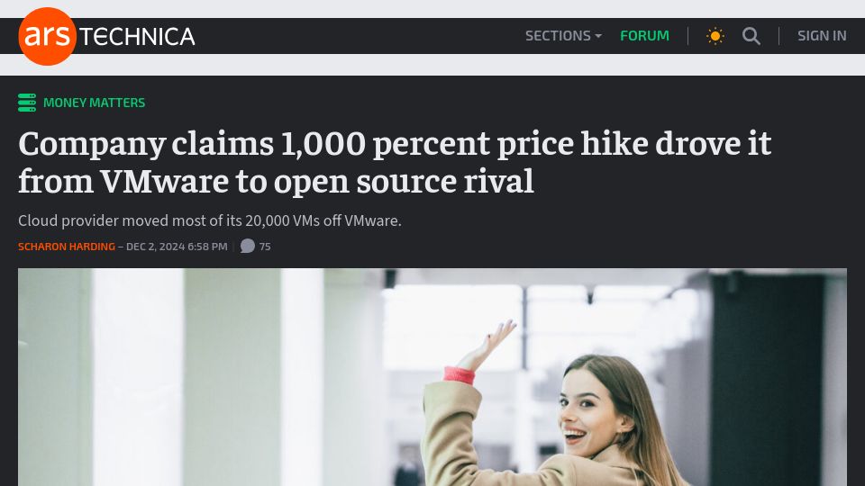 Screenshot of arstechnica.com: Company claims 1k% price hike drove it from VMware to open source rival