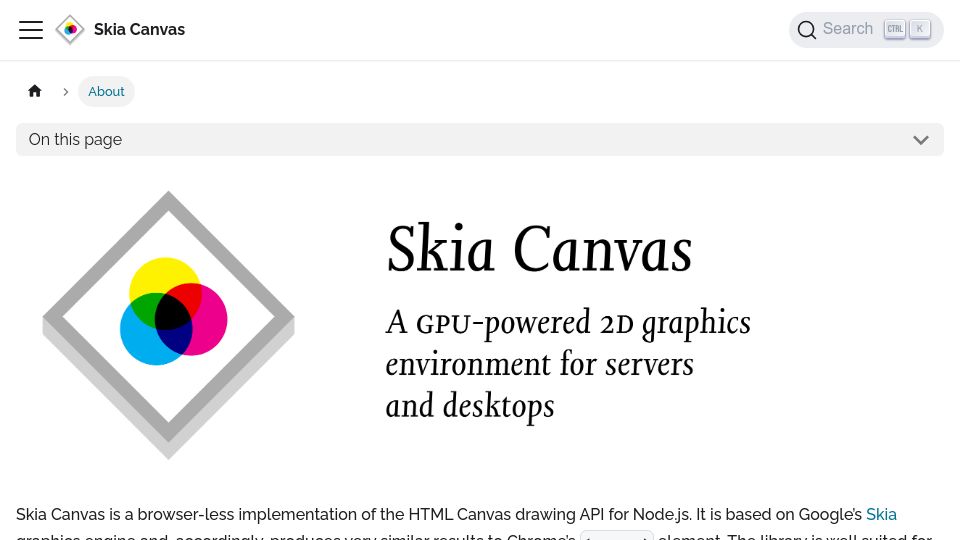Screenshot of skia-canvas.org: Skia Canvas: Browserless implementation of the HTML Canvas drawing API for node