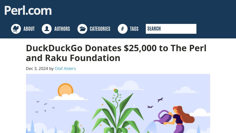 Screenshot of perl.com: DuckDuckGo donates $25k to the Perl and Raku Foundation