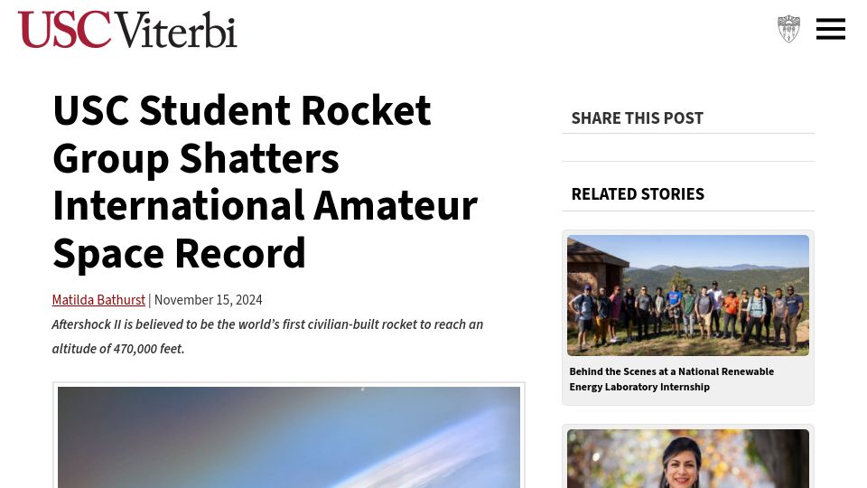 Screenshot of viterbischool.usc.edu: Student rocket group shatters amateur space record