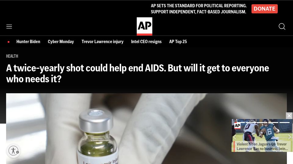 Screenshot of apnews.com: Twice-Yearly HIV Shot Shows 100% Effectiveness in Women